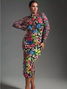 Anthropologie Women's Floral Multicolor Dress Sz S Mesh Halter Ruched Mock Neck